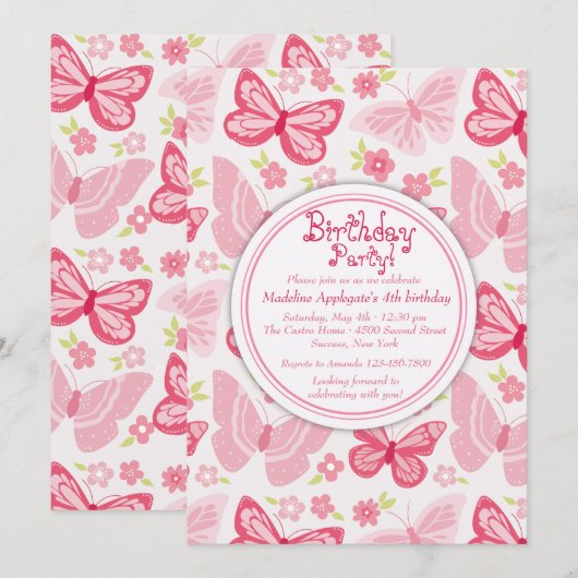 ピンク蝶招待状 招待状 (正面/裏面)