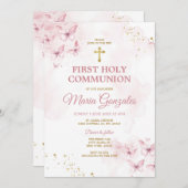 ピンク蝶金ゴールドクロストファースト聖餐式 招待状 (正面/裏面)