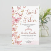 ピンク蝶Sweet sixteen16誕生日写真 招待状 (スタンド正面)