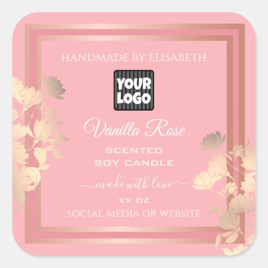 ピンク製品パッケージラベルバラ金ゴールドフレームロゴ スクエアシール (正面)