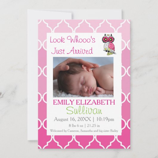 ピンク誕生の発表が届いたばかりの人を見て下さい。 案内状 (正面)