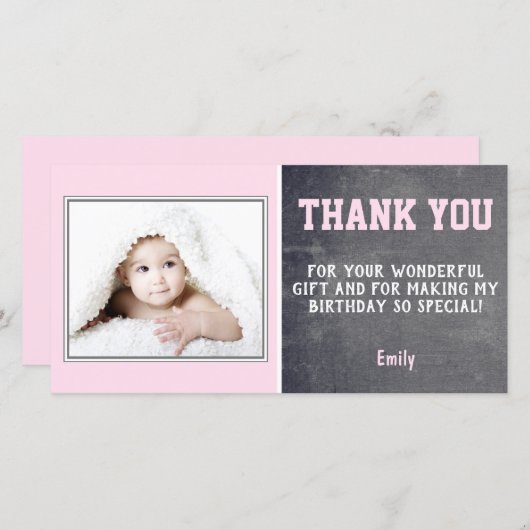 ピンク誕生日ありがとうフォトカードキッズ サンキューカード
