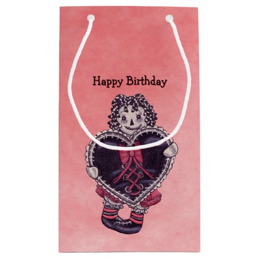 ピンク誕生日に黒いハートのゴシックラグドール スモールペーパーバッグ (裏面)