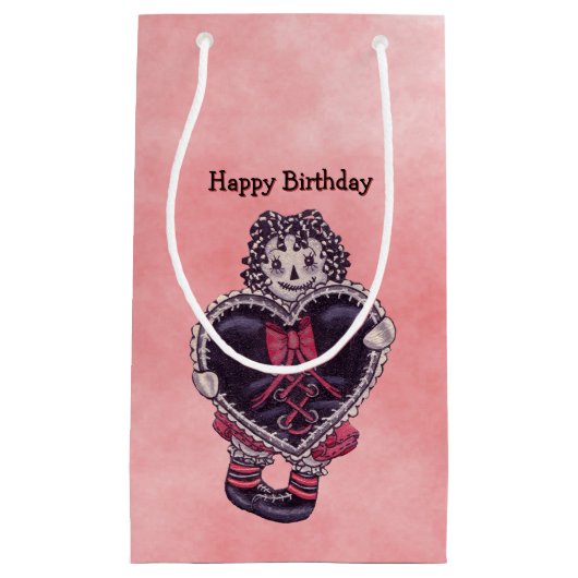 ピンク誕生日に黒いハートのゴシックラグドール スモールペーパーバッグ (正面)
