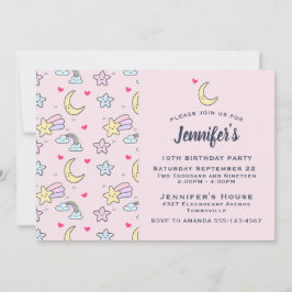 ピンク誕生日の月、星、雲のパターン 招待状