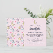 ピンク誕生日の月、星、雲のパターン 招待状 (スタンド正面)