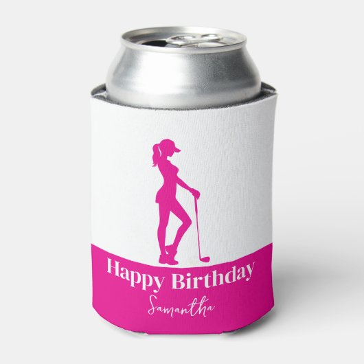 ピンク誕生日ゴルフガールモノグラム 缶クーラー (缶正面)