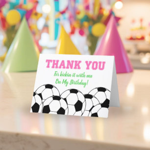 ピンク誕生日サッカーテーマ女子サンキューカード サンキューカード