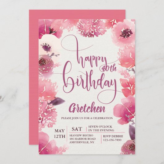 ピンク誕生日フローラ招待状 招待状 (正面/裏面)