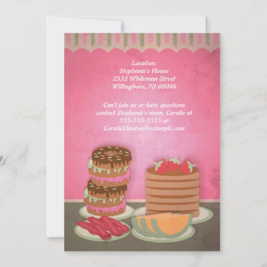 ピンク誕生日ブレックファーストパーティの招待状 招待状 (裏面)