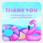 ピンク誕生日プールパーティーありがとう スクエアシール (正面)