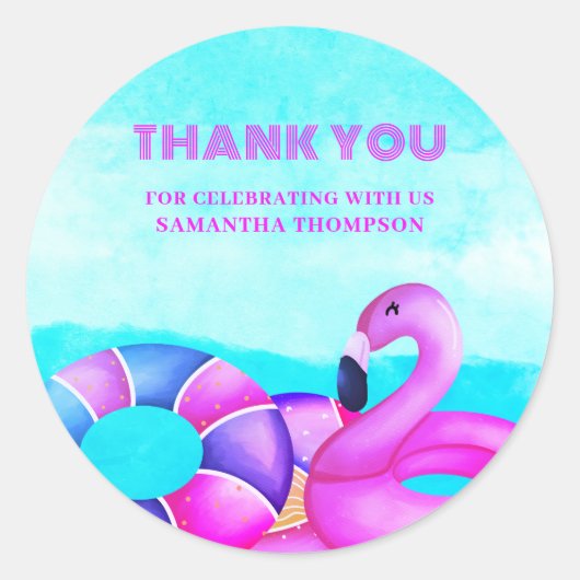 ピンク誕生日プールパーティーありがとう ラウンドシール (正面)