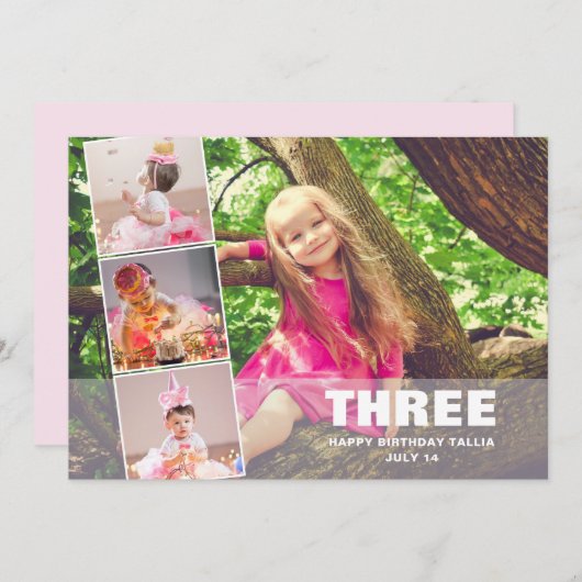 ピンク誕生日4フォトコラージュ誕生のお知らせ シーズンカード (正面/裏面)