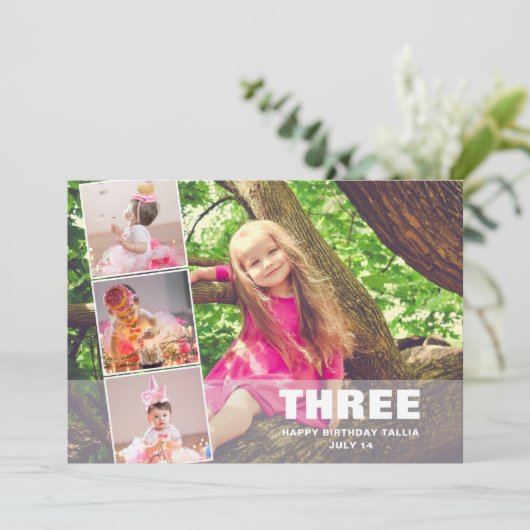 ピンク誕生日4フォトコラージュ誕生のお知らせ シーズンカード (スタンド正面)