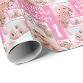 ピンク誕生日8フォトコラージュ名年齢 ラッピングペーパー (ロールコーナー)
