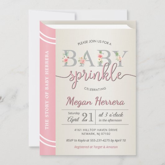 ピンク語り草本図書館赤ちゃん少女がスプリンクル 招待状 (正面)