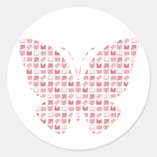 ピンク読の本とパタ書ーン蝶 ラウンドシール (正面)