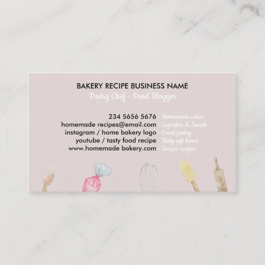 ピンク調理師シェフ水彩ベーキング器具ベーカリー 名刺 (裏面)