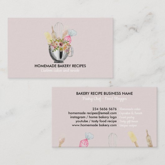 ピンク調理師シェフ水彩ベーキング器具ベーカリー 名刺 (正面/裏面)