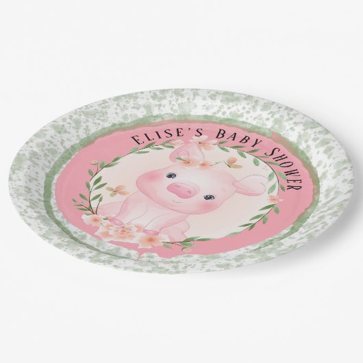ピンク豚の可愛い女の子ベビーシャワーカスタム ペーパープレート (アングル)