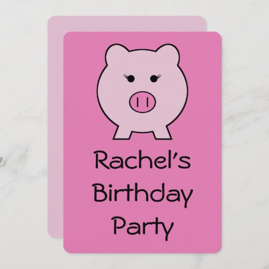 ピンク豚をサディ·ザ·ピンク豚〜かわいいガーリーかわいい 招待状 (正面/裏面)