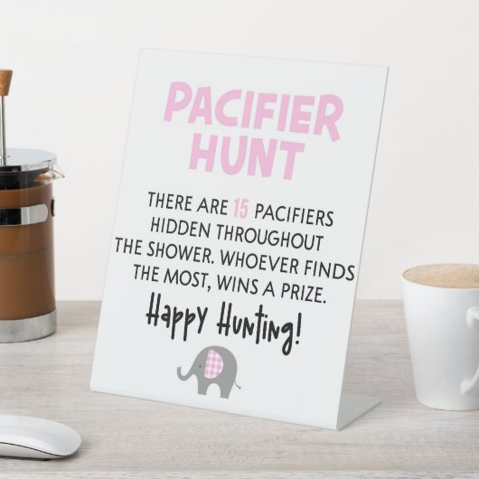 ピンク象おしゃぶり狩り赤ちゃんシャワーゲームサイン 台座サイン (インサイチュ)