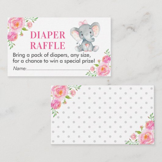 ピンク象おむつラッフルチケットガールシャワー エンクロージャーカード (正面/裏面)