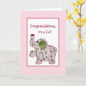 ピンク象おめでとうガールカード カード (黄色い花)