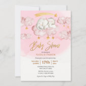 ピンク象きらびやかな小さな星の女の子ベビーシャワー 招待状 (正面)