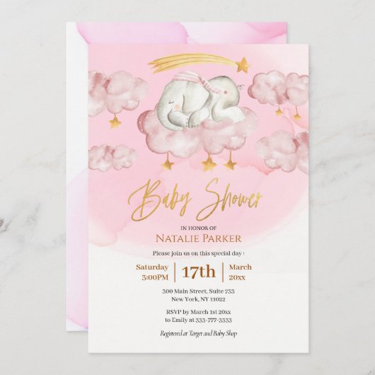 ピンク象きらびやかな小さな星の女の子ベビーシャワー 招待状 (正面/裏面)