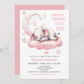 ピンク象きらびやかな小さな星の女の子ベビーシャワー 招待状 (正面/裏面)