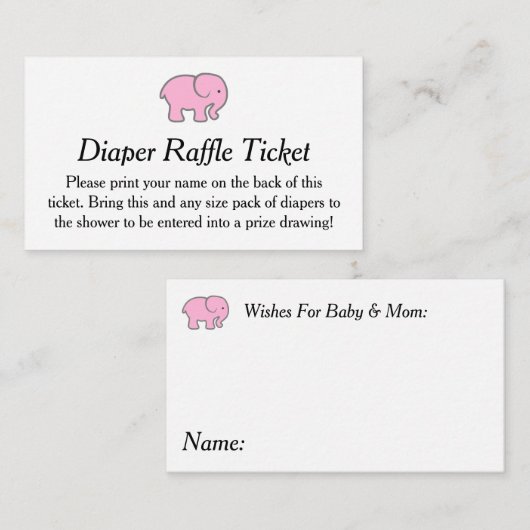 ピンク象のおむつのラッフルのチケット エンクロージャーカード (正面/裏面)