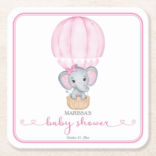 ピンク象のベビーガールシャワー スクエアペーパーコースター (正面)