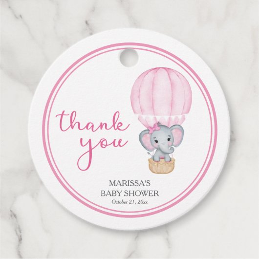 ピンク象のベビーガールシャワー フェイバータグ (正面)