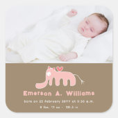 ピンク象のベビーガール写真誕生のお知らせ スクエアシール (正面)