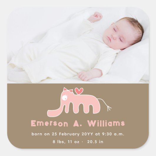 ピンク象のベビーガール写真誕生のお知らせ スクエアシール (正面)