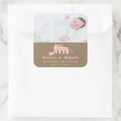 ピンク象のベビーガール写真誕生のお知らせ スクエアシール (バッグ)