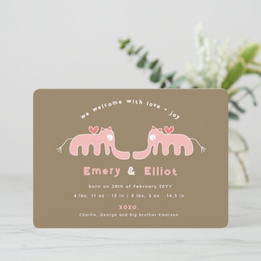 ピンク象のベビーガール写真誕生のお知らせ 案内状 (スタンド正面)