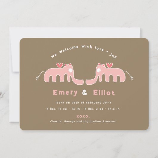 ピンク象のベビーガール写真誕生のお知らせ 案内状 (正面)