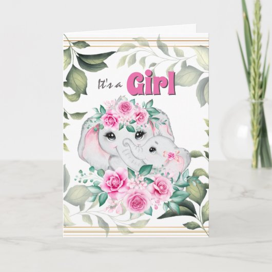 ピンク象のベビーガール誕生リース発表 カード (正面)