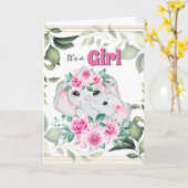 ピンク象のベビーガール誕生リース発表 カード (黄色い花)