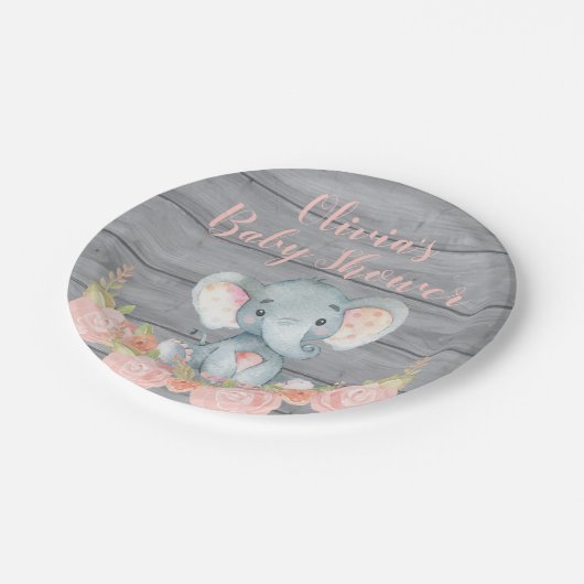 ピンク象のベビーシャワーの紙皿 ペーパープレート (アングル)