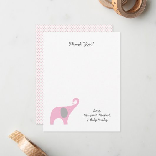 ピンク象のベビーシャワーはノート/女の子感謝していしています ノートカード (正面/裏面インサイチュ)