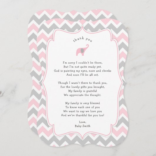 ピンク象のベビーシャワーは詩が付いているノート感謝していしています サンキューカード (正面/裏面)