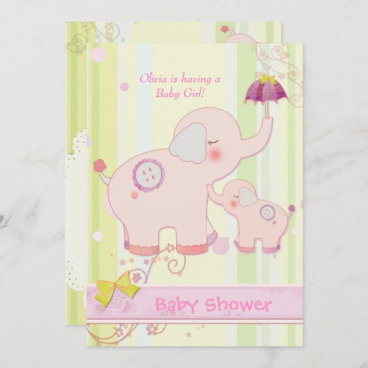 ピンク象の傘のベビーガールシャワー 招待状 (正面/裏面)