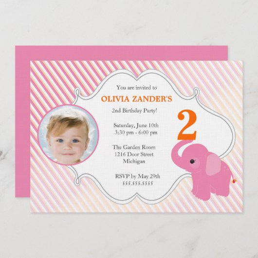 ピンク象の写真の誕生日の招待状 招待状 (正面/裏面)