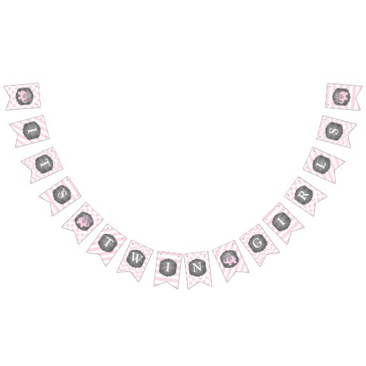 ピンク象の双生児の女の子のベビーシャワー バンティングフラッグ (全)