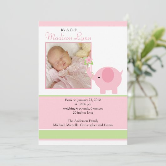 ピンク象の女の赤ちゃんの写真の発表カード 案内状 (スタンド正面)