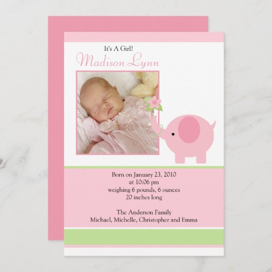 ピンク象の女の赤ちゃんの写真の発表カード 案内状 (正面/裏面)