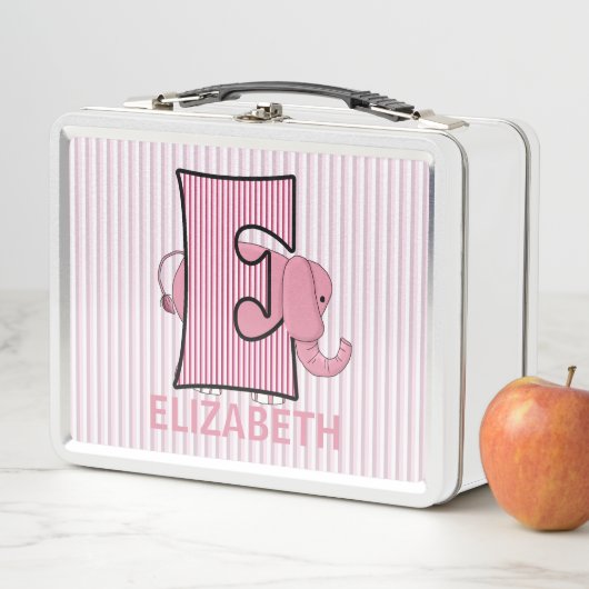 ピンク象の手紙E女の子のストライプの動物 メタルランチボックス (インサイチュ)